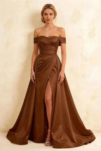 Jeanne Taupe Satin Off Shoulder Maxi Dress