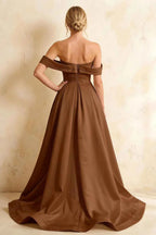 Jeanne Taupe Satin Off Shoulder Maxi Dress