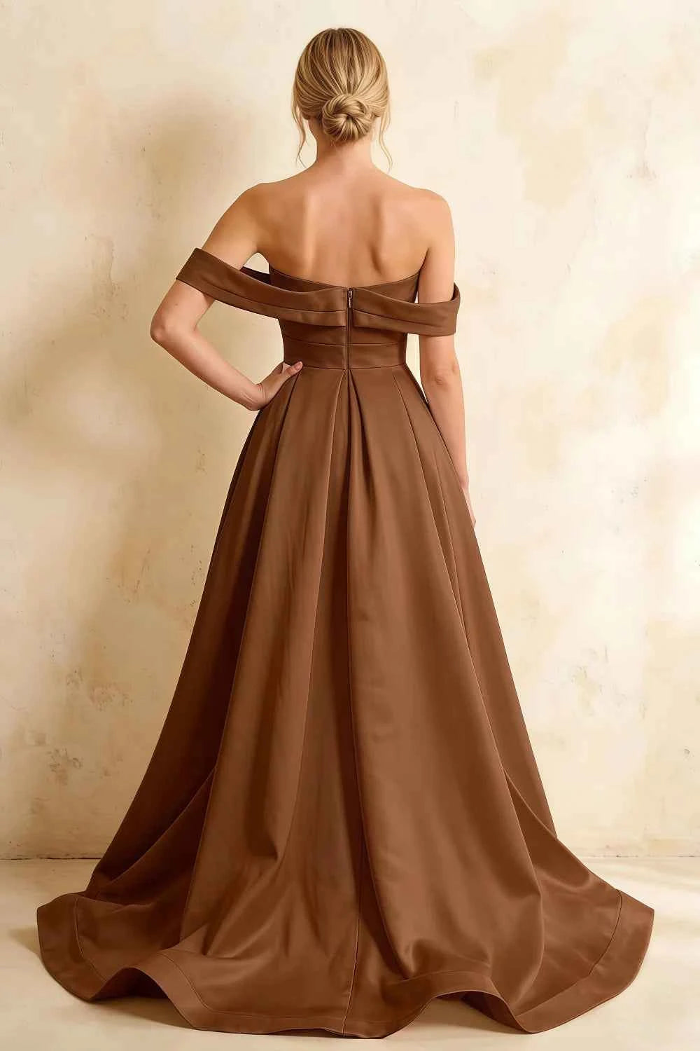 Jeanne Taupe Satin Off Shoulder Maxi Dress