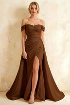 Jeanne Taupe Satin Off Shoulder Maxi Dress
