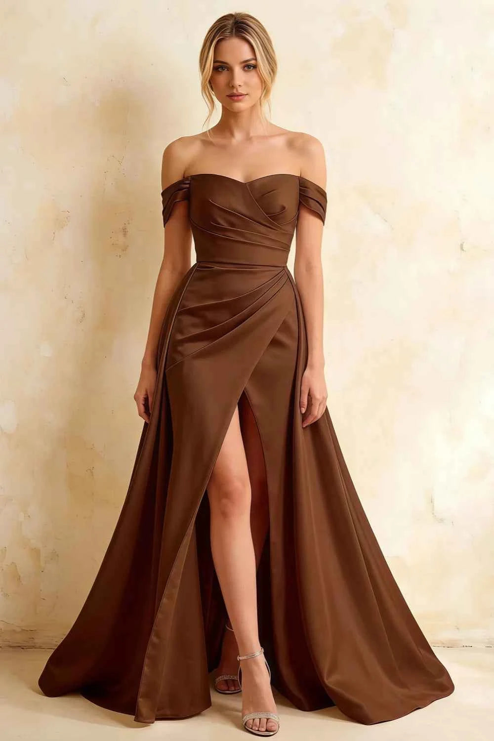 Jeanne Taupe Satin Off Shoulder Maxi Dress