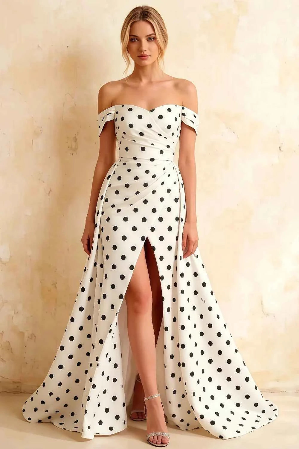 Jeanne White Polka Dot Satin Off Shoulder Maxi Dress Main image