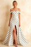 Jeanne White Polka Dot Satin Off Shoulder Maxi Dress