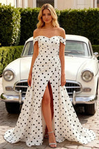 Jeanne White Polka Dot Satin Off Shoulder Maxi Dress