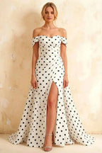 Jeanne White Polka Dot Satin Off Shoulder Maxi Dress