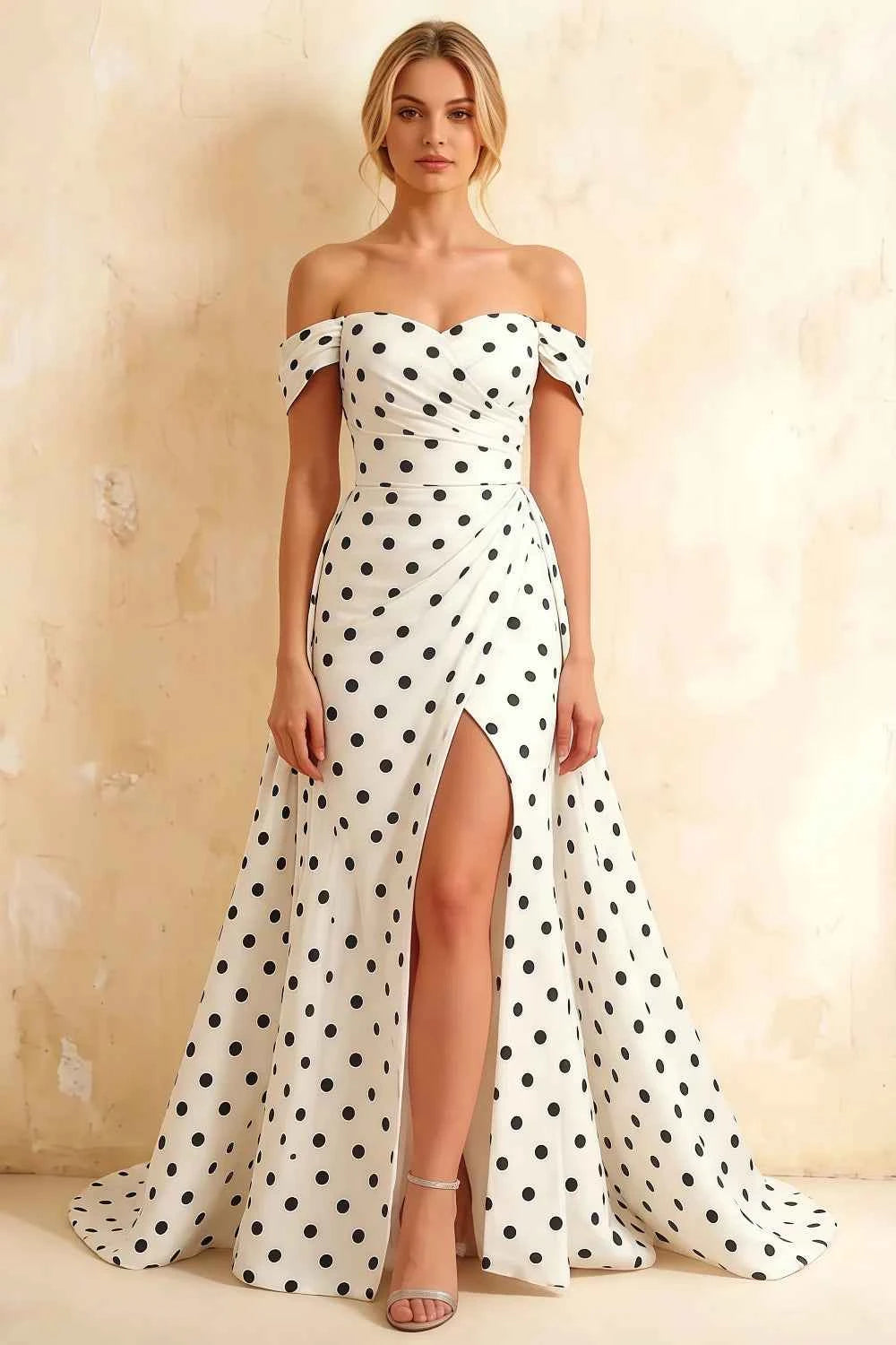 Jeanne White Polka Dot Satin Off Shoulder Maxi Dress