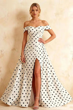 Jeanne White Polka Dot Satin Off Shoulder Maxi Dress