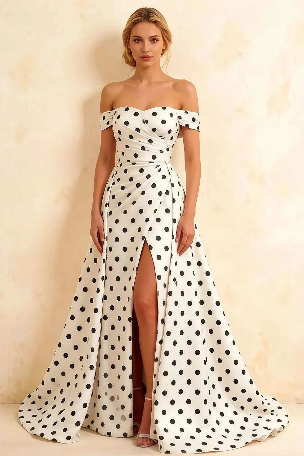 Jeanne White Polka Dot Satin Off Shoulder Maxi Dress