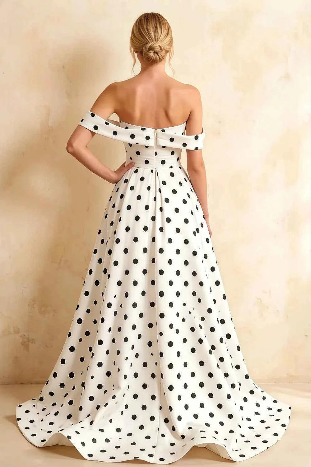Jeanne White Polka Dot Satin Off Shoulder Maxi Dress