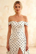 Jeanne White Polka Dot Satin Off Shoulder Maxi Dress
