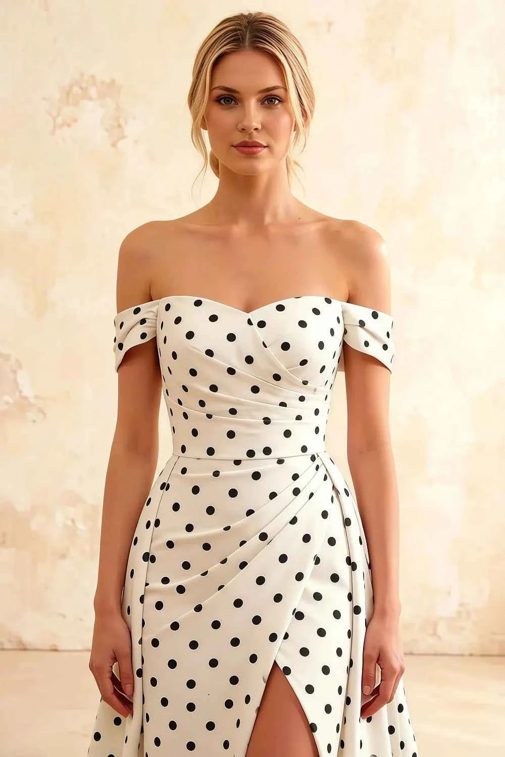 Jeanne White Polka Dot Satin Off Shoulder Maxi Dress