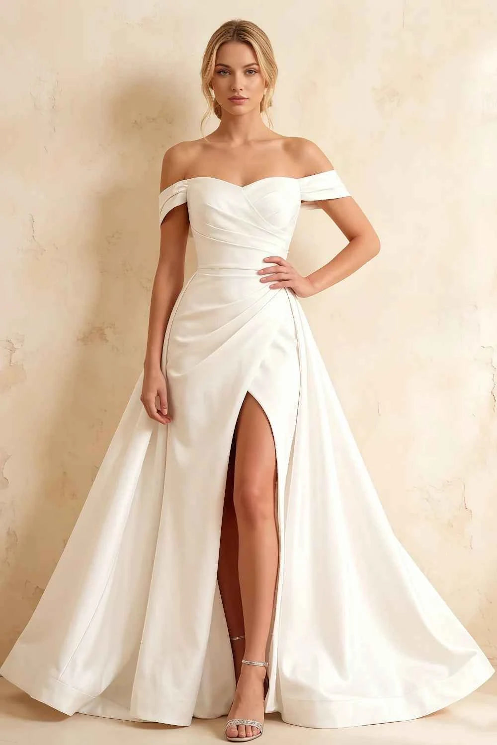 Jeanne White Satin Off Shoulder Maxi Dress