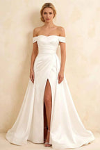 Jeanne White Satin Off Shoulder Maxi Dress