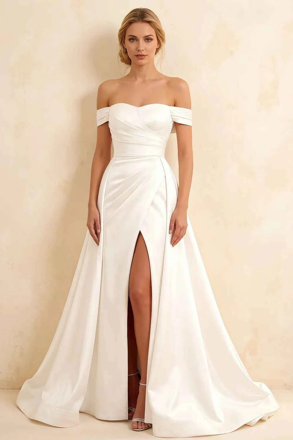 Jeanne White Satin Off Shoulder Maxi Dress