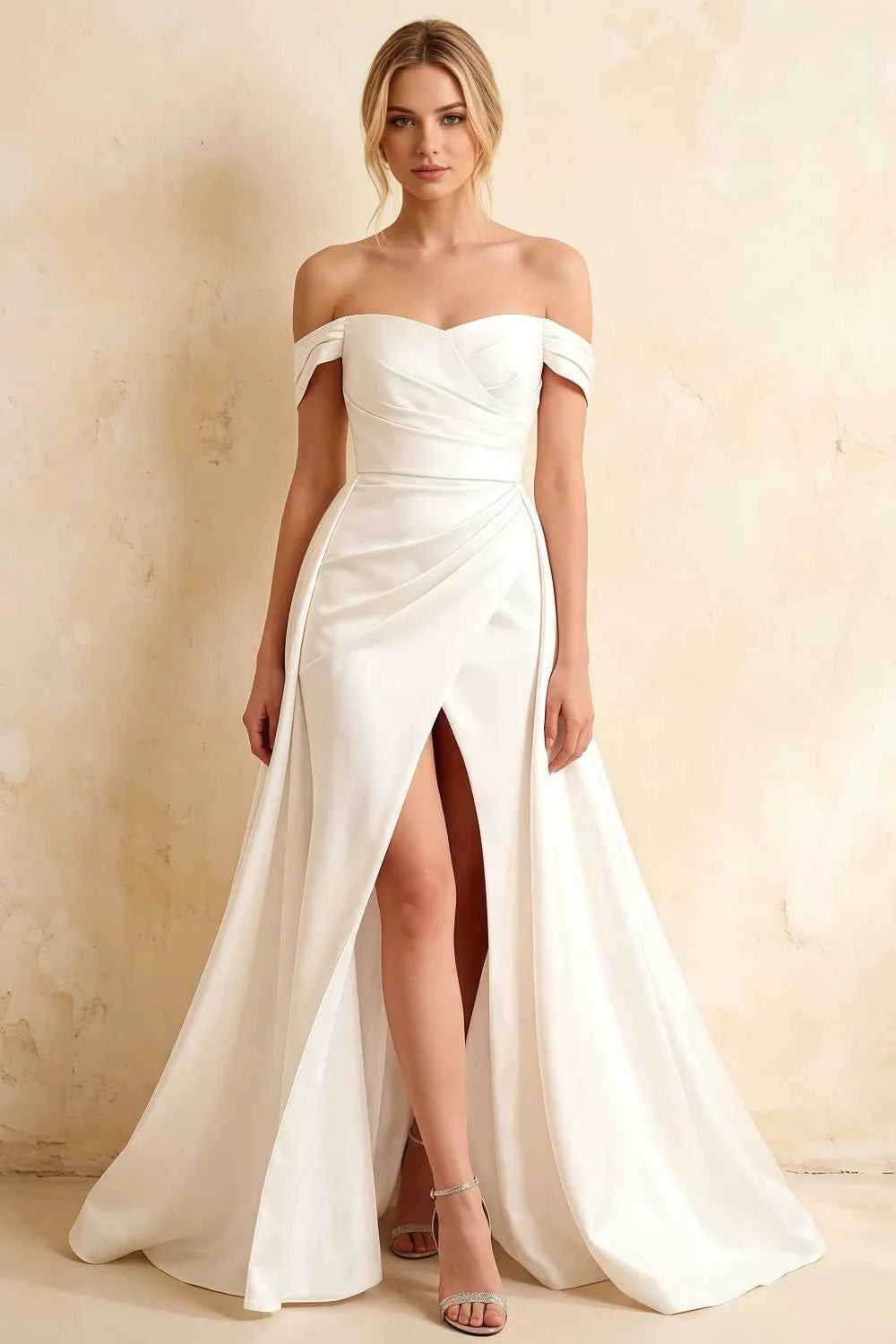 Jeanne White Satin Off Shoulder Maxi Dress