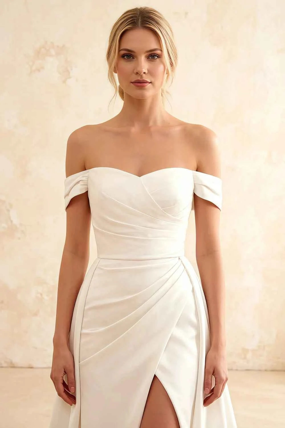 Jeanne White Satin Off Shoulder Maxi Dress