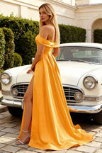 Jeanne Yellow Satin Off Shoulder Maxi Dress