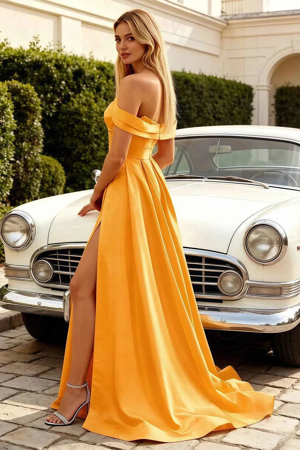 Jeanne Yellow Satin Off Shoulder Maxi Dress