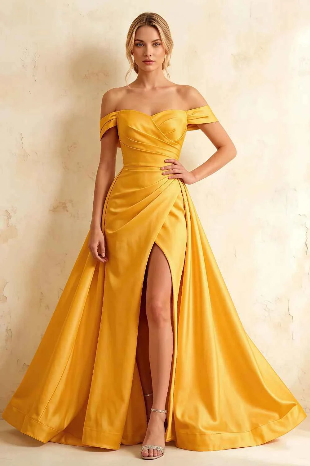 Jeanne Yellow Satin Off Shoulder Maxi Dress
