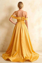 Jeanne Yellow Satin Off Shoulder Maxi Dress