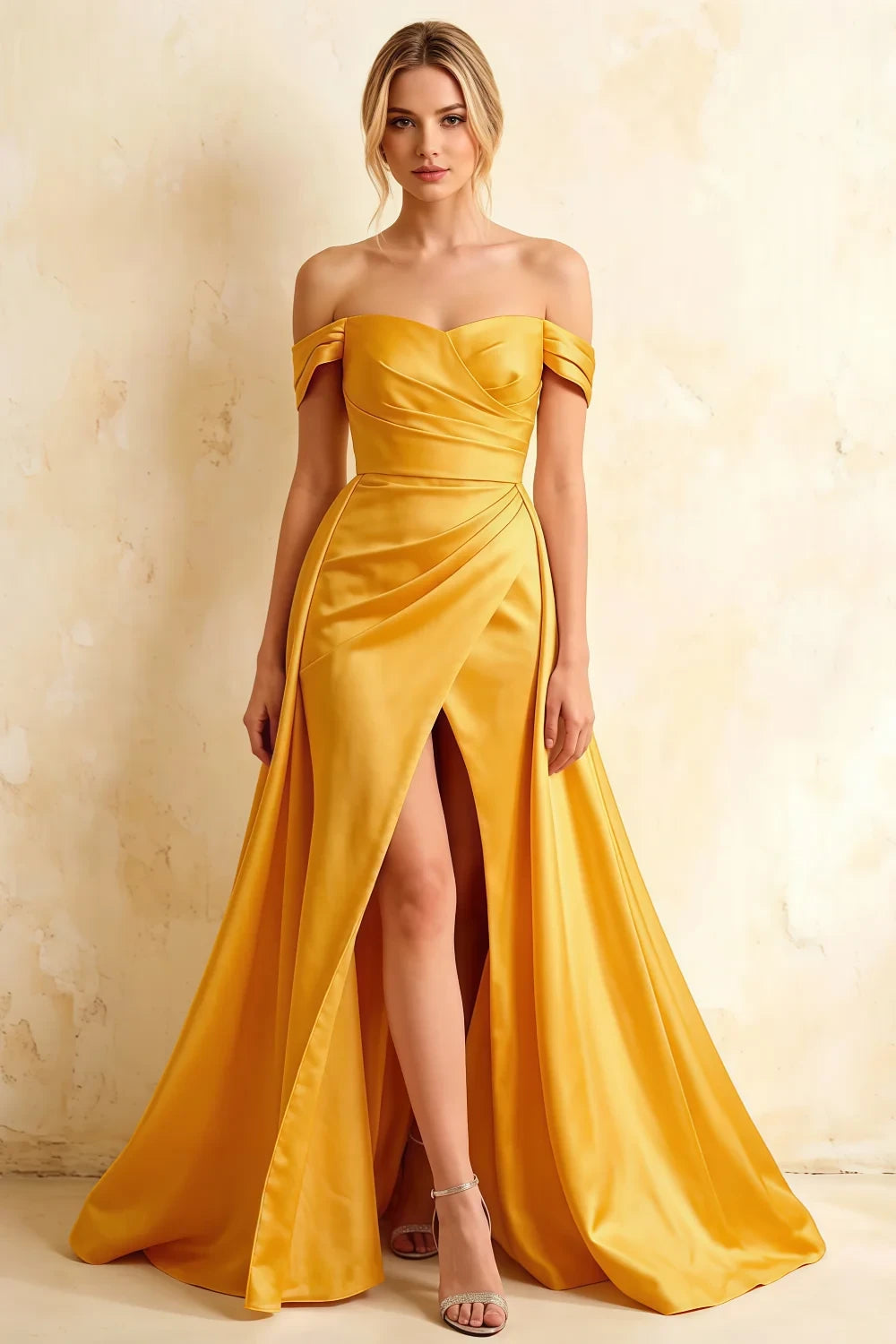 Jeanne Yellow Satin Off Shoulder Maxi Dress