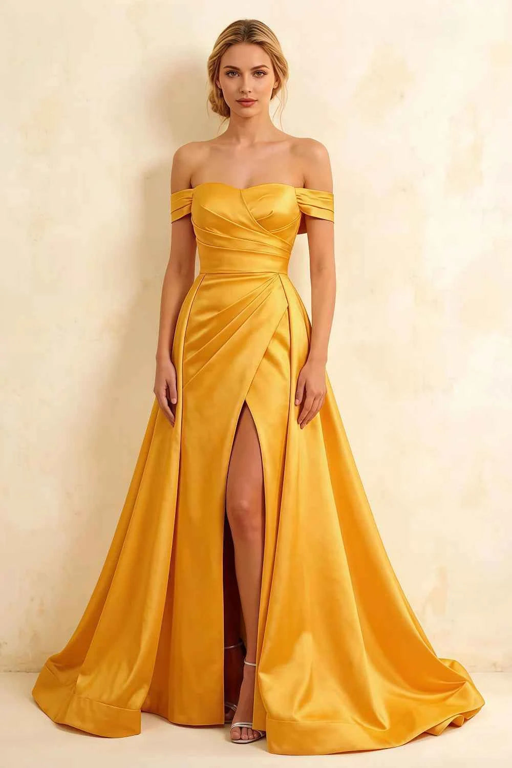 Jeanne Yellow Satin Off Shoulder Maxi Dress