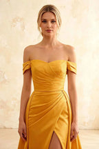 Jeanne Yellow Satin Off Shoulder Maxi Dress