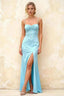 Jennifer Baby Blue Satin Spaghetti Straps Slit Maxi Dress