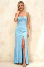 Jennifer Baby Blue Satin Spaghetti Straps Slit Maxi Dress