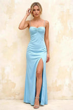 Jennifer Baby Blue Satin Spaghetti Straps Slit Maxi Dress