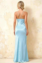 Jennifer Baby Blue Satin Spaghetti Straps Slit Maxi Dress