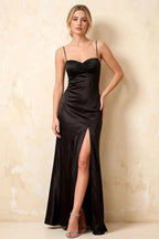 Jennifer Black Satin Spaghetti Straps Slit Maxi Dress