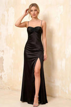 Jennifer Black Satin Spaghetti Straps Slit Maxi Dress