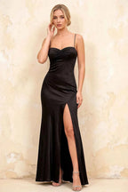 Jennifer Black Satin Spaghetti Straps Slit Maxi Dress