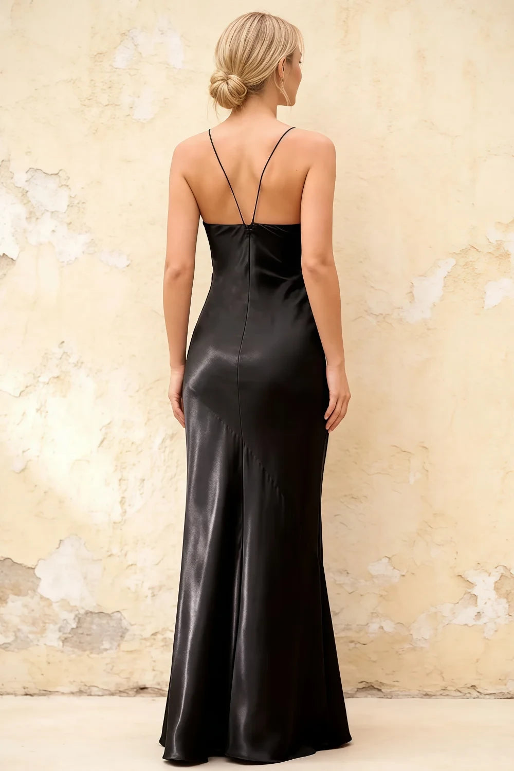 Jennifer Black Satin Spaghetti Straps Slit Maxi Dress