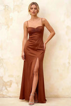 Jennifer Brown Satin Spaghetti Straps Slit Maxi Dress