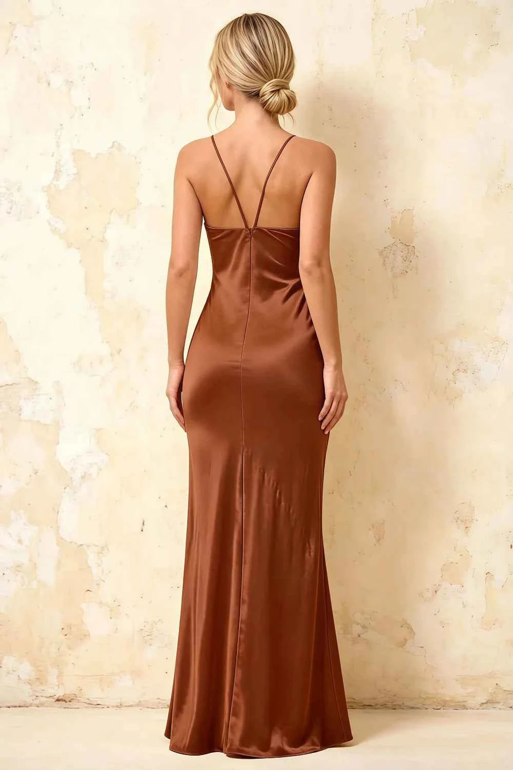 Jennifer Brown Satin Spaghetti Straps Slit Maxi Dress