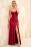 Jennifer Burgundy Satin Spaghetti Straps Slit Maxi Dress