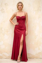 Jennifer Burgundy Satin Spaghetti Straps Slit Maxi Dress