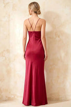 Jennifer Burgundy Satin Spaghetti Straps Slit Maxi Dress