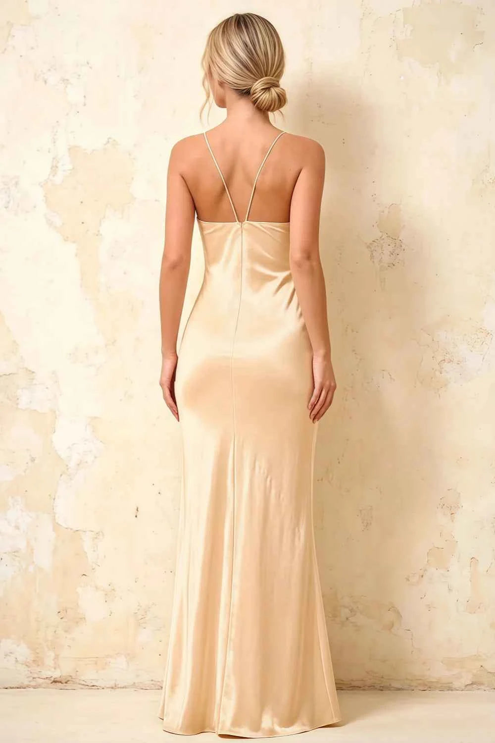 Jennifer Champagne Satin Spaghetti Straps Slit Maxi Dress