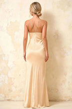 Jennifer Champagne Satin Spaghetti Straps Slit Maxi Dress