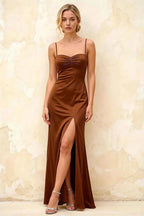 Jennifer Chocolate Satin Spaghetti Straps Slit Maxi Dress