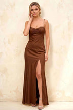 Jennifer Chocolate Satin Spaghetti Straps Slit Maxi Dress