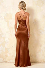 Jennifer Chocolate Satin Spaghetti Straps Slit Maxi Dress