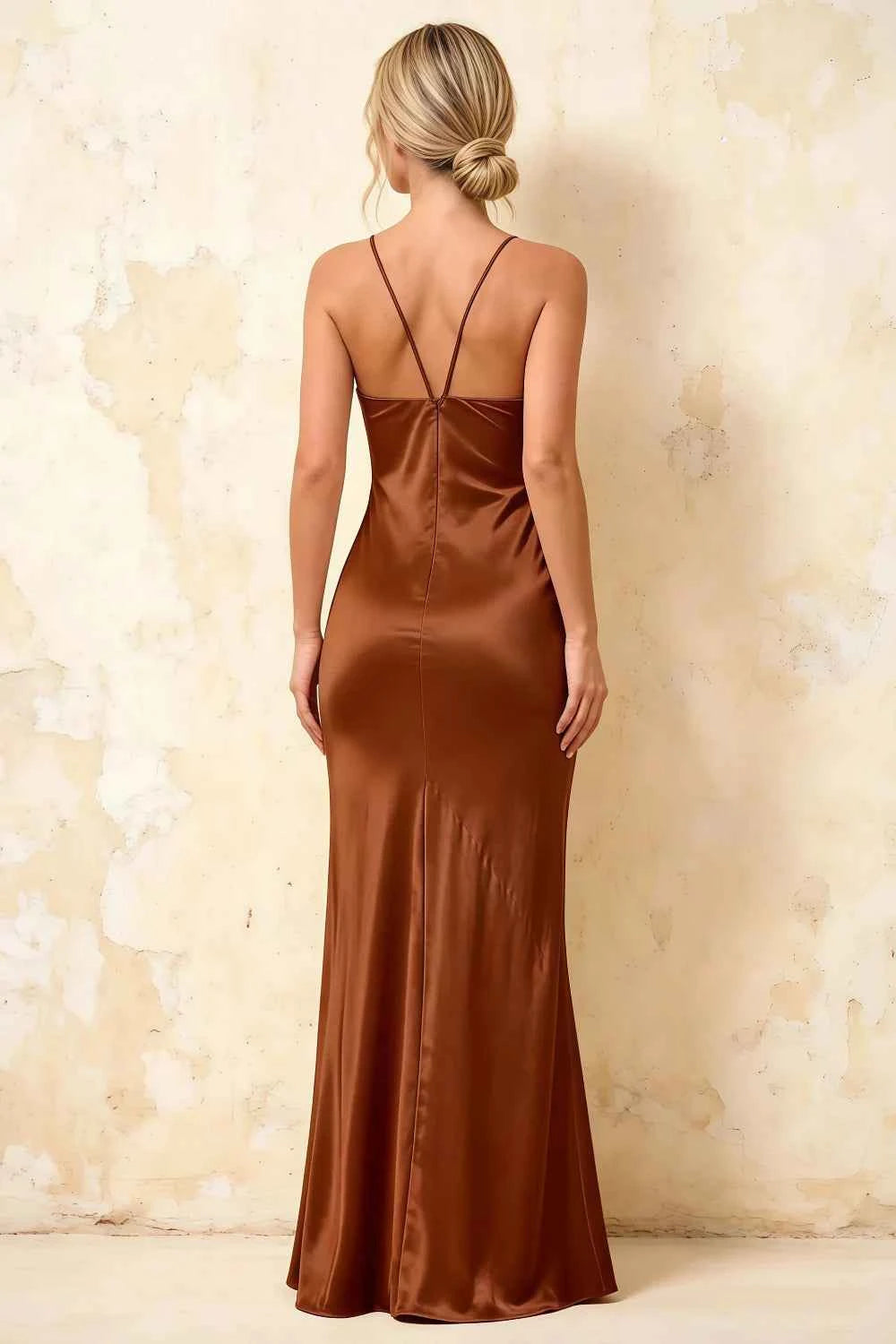 Jennifer Chocolate Satin Spaghetti Straps Slit Maxi Dress