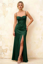 Jennifer Dark Green Satin Spaghetti Straps Slit Maxi Dress