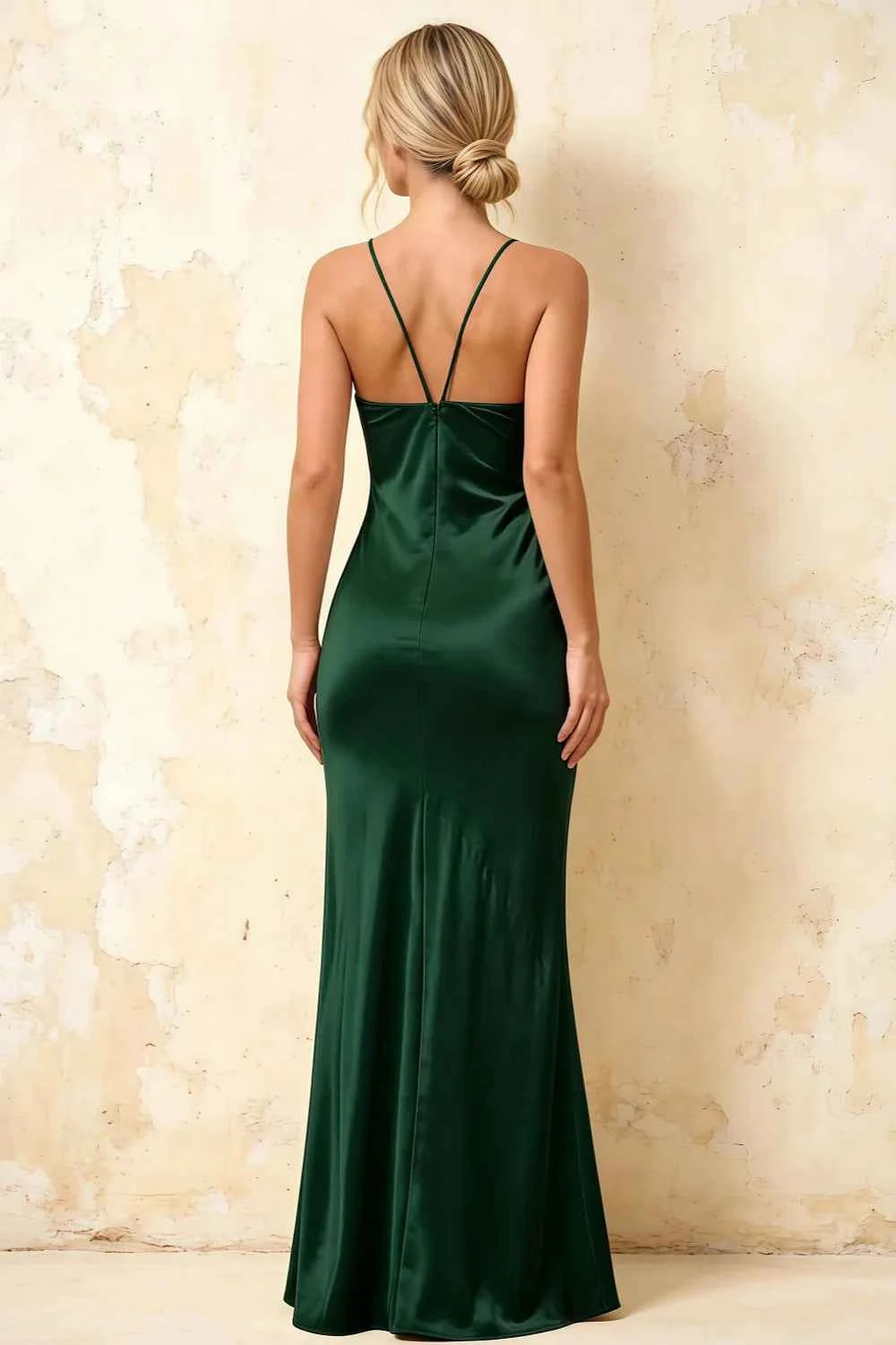 Jennifer Dark Green Satin Spaghetti Straps Slit Maxi Dress