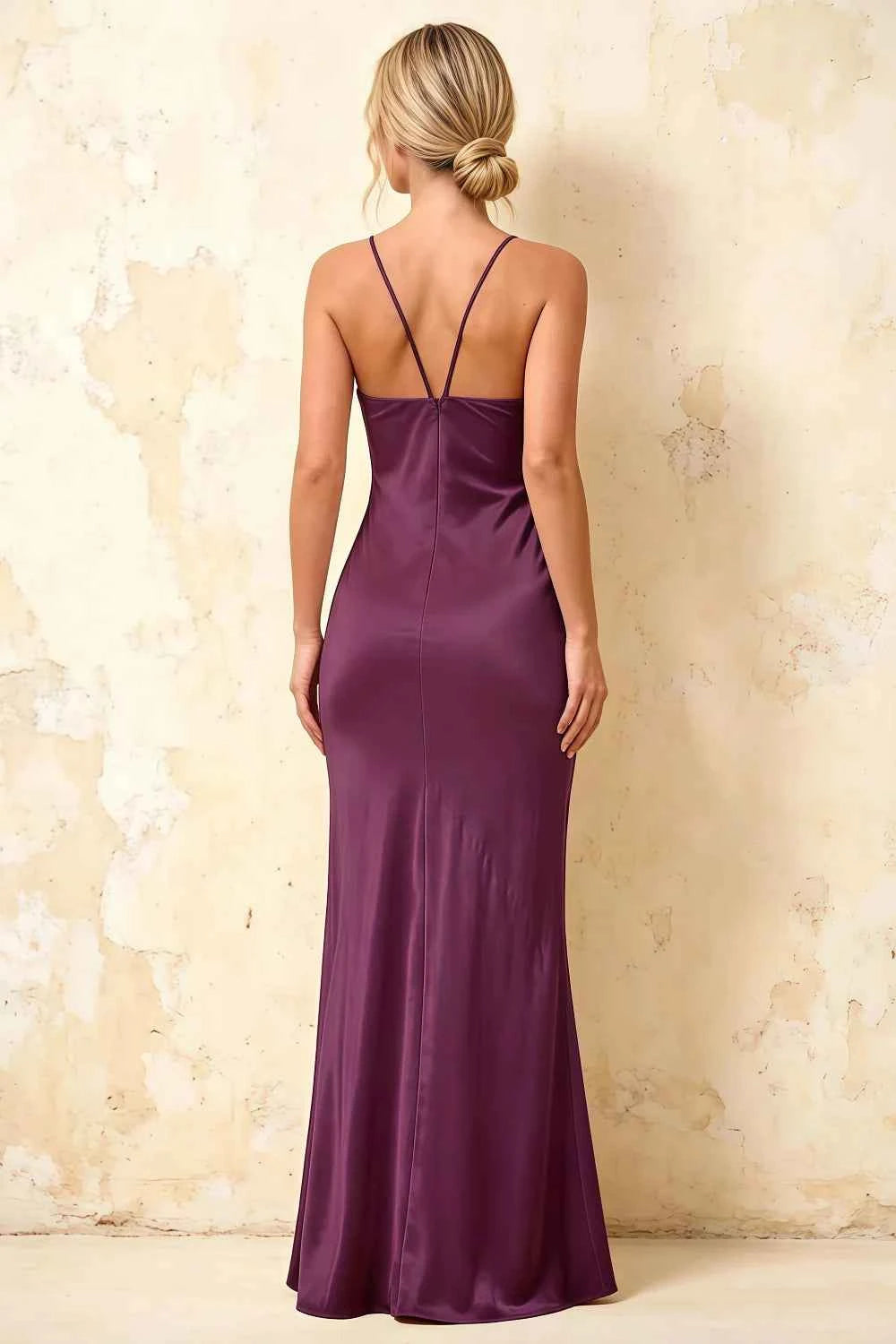 Jennifer Grape Satin Spaghetti Straps Slit Maxi Dress Main image