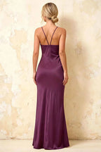 Jennifer Grape Satin Spaghetti Straps Slit Maxi Dress